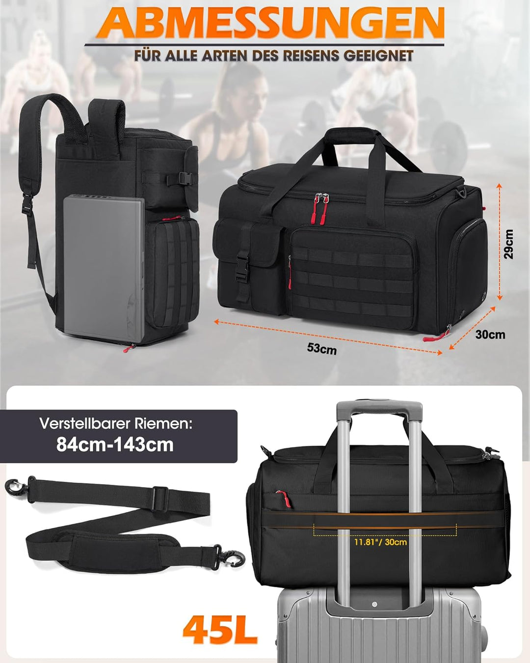 RAINSMORE 3 IN 1 Sporttasche Herren 45L Reisetasche Rucksackfunktion Handgepäck mit Schuhfach Latopf