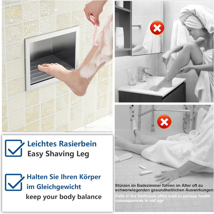Fussstütze Dusche Versenkte Wandnische aus 304 Edelstahl Nische mit Rutschfest Silikonpads für Rasie