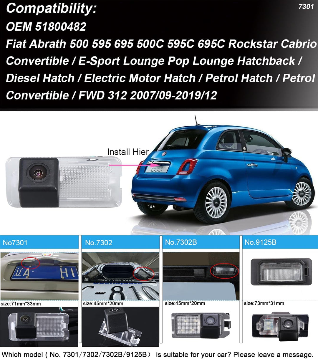 Nachtsicht HD Rückfahrkamera Ersatz für Fiat Abrath 500 595 695 500C 595C 695C Rockstar Cabrio/Conve