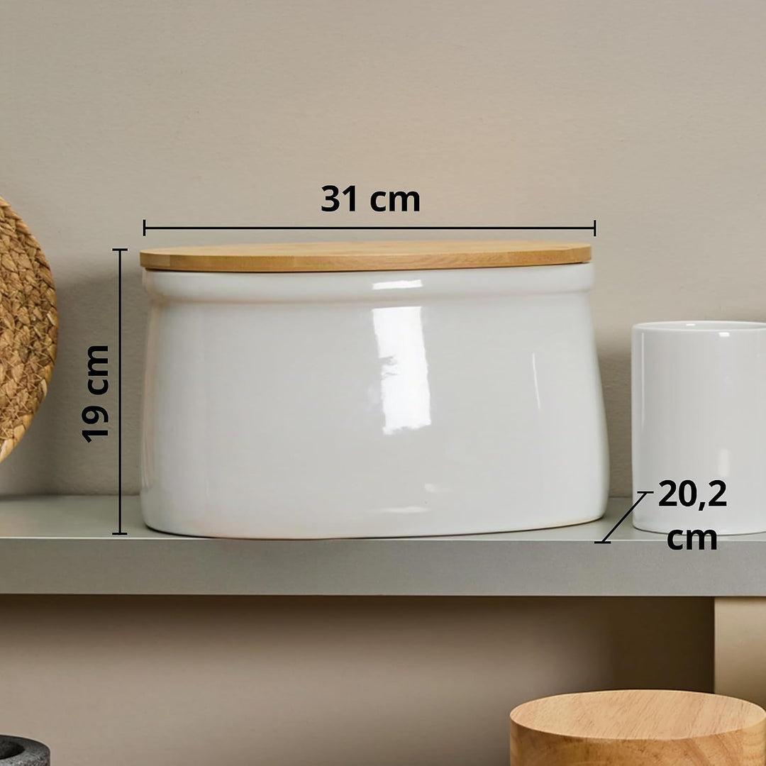 KHG Brotkasten Weiss Keramik Steingut Holzdeckel Bambus, Aufbewahrung Brot oval, Deckel als Schneide