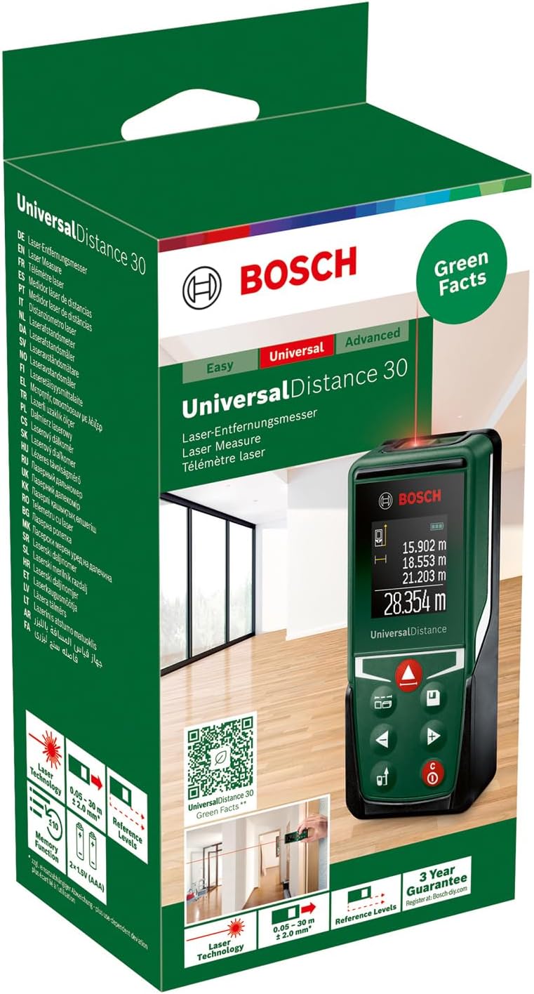 Bosch Laserentfernungsmesser UniversalDistance 30 (Distanz bis 30m präzise messen, Messfunktionen, S