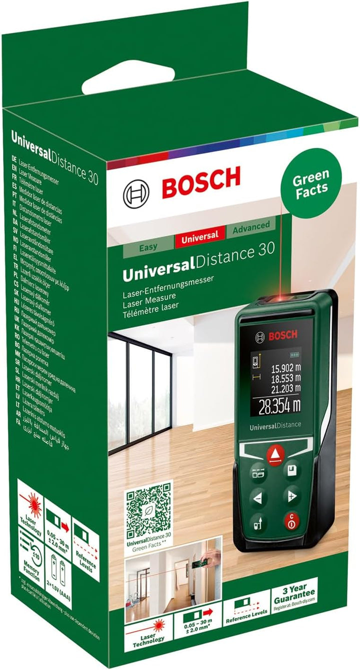 Bosch Laserentfernungsmesser UniversalDistance 30 (Distanz bis 30m präzise messen, Messfunktionen, S