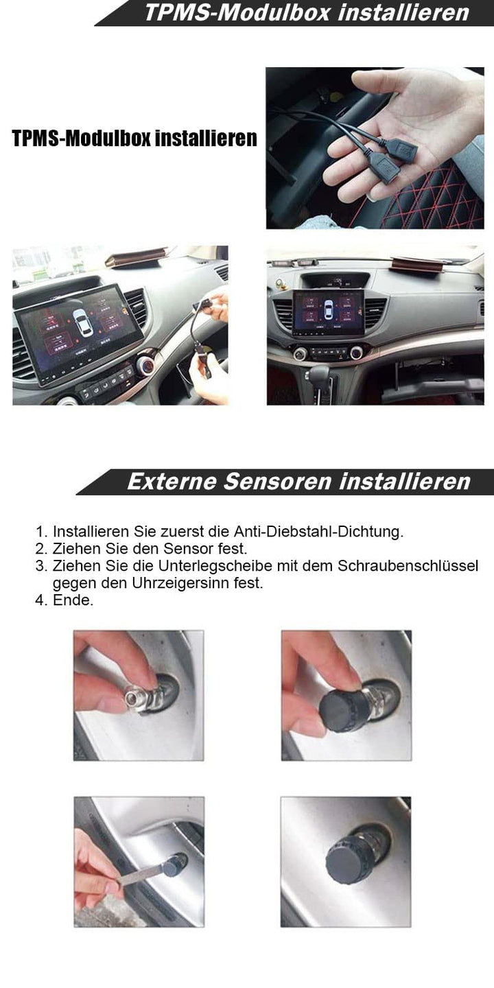 erisin Universal USB TPMS Modul Reifendruckprüfer mit 4 Externe Sensors, USB Reifendrucksensor Reife