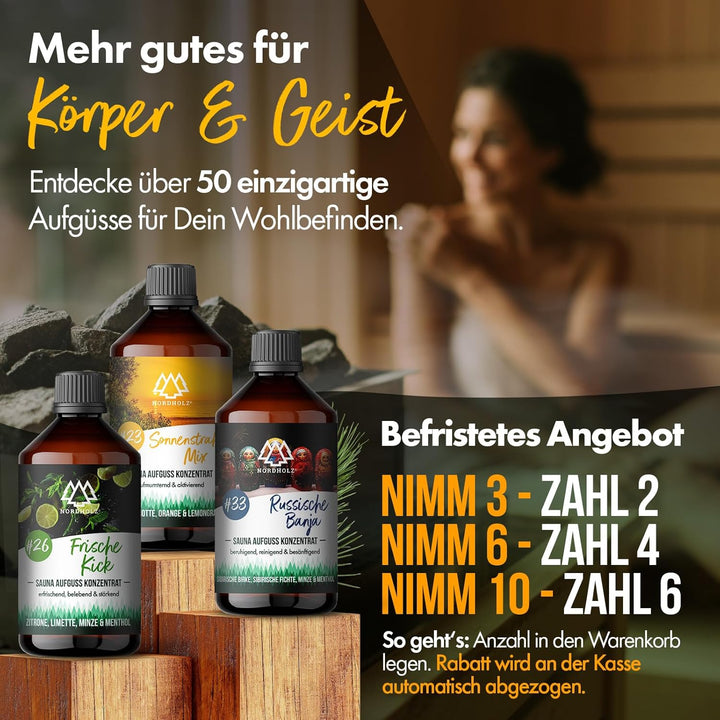 NORDHOLZ® Saunaaufguss [54 Sorten 15ml, 100ml, 250ml] - Sauna Aufgussmittel für intensive & erholsam