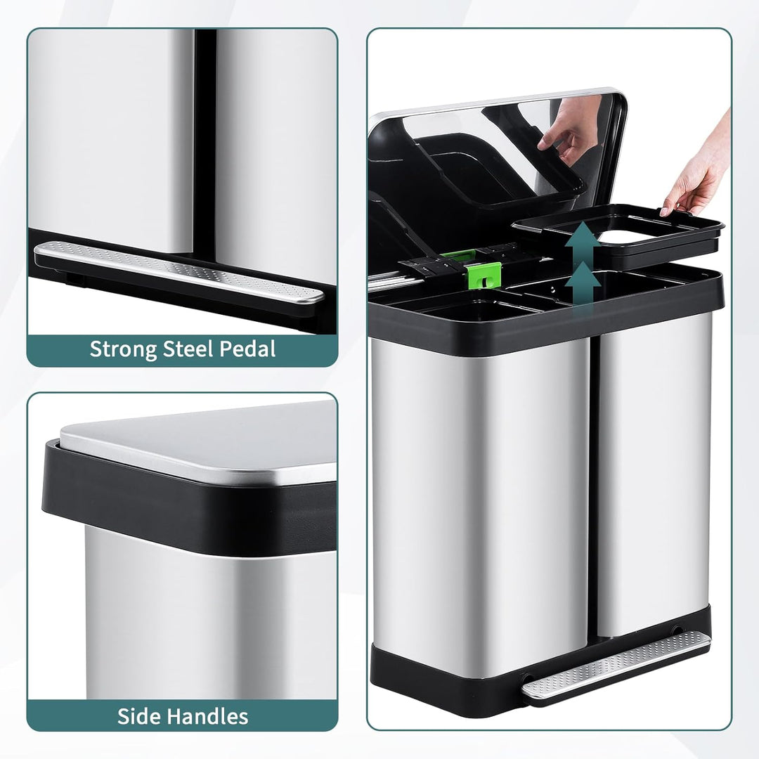 Mülleimer Küche,2 x 36 L Mülltrennsystem Edelstahl Mülleimer 2 fächer tretmülleimer Doppeldeckel mül