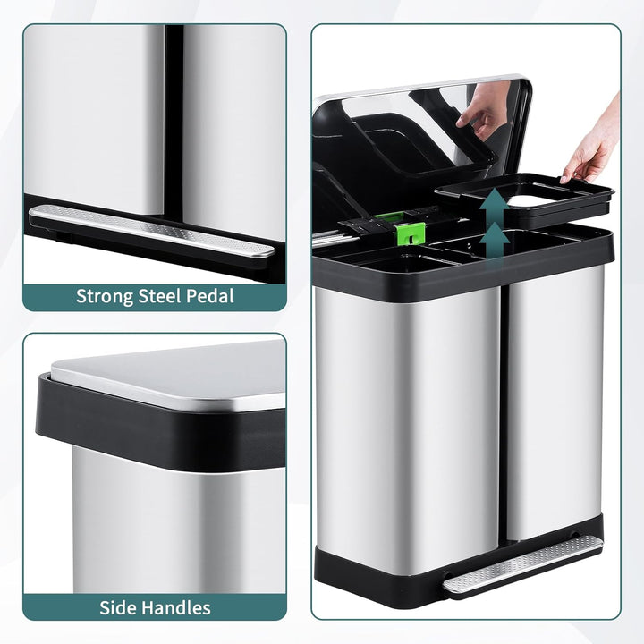 Mülleimer Küche,2 x 36 L Mülltrennsystem Edelstahl Mülleimer 2 fächer tretmülleimer Doppeldeckel mül