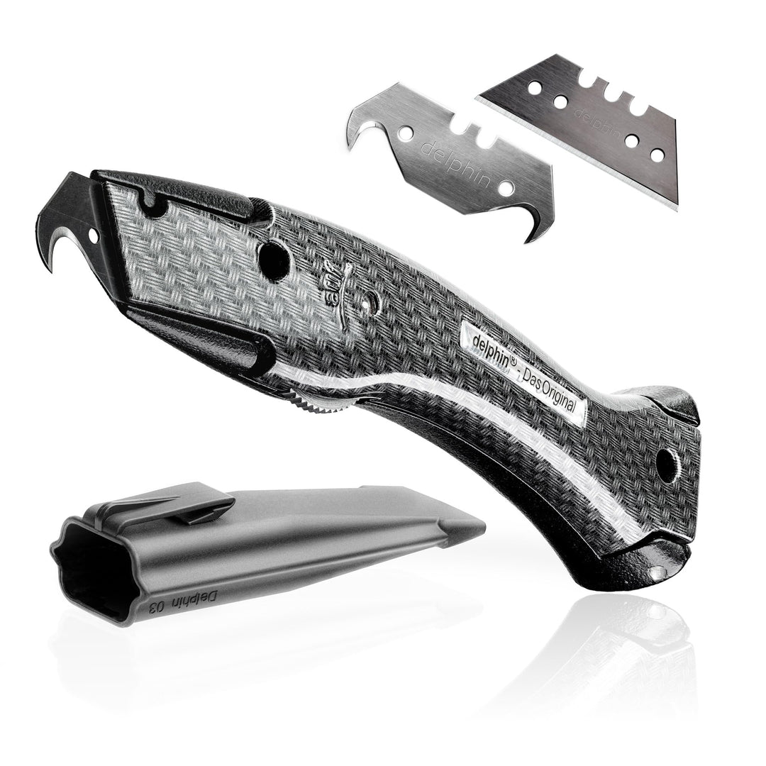 Delphin®-03 Teppichmesser, Design Edition, Feststehende Klinge, Profi Cuttermesser, Alu, Klingen und