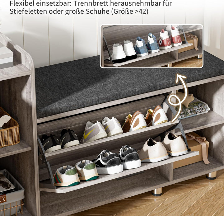 Schuhbank mit Sitzfläche, Klappfach mit Verstellbarer Trennwand, Höhenverstellbar, Schuhschrank mit