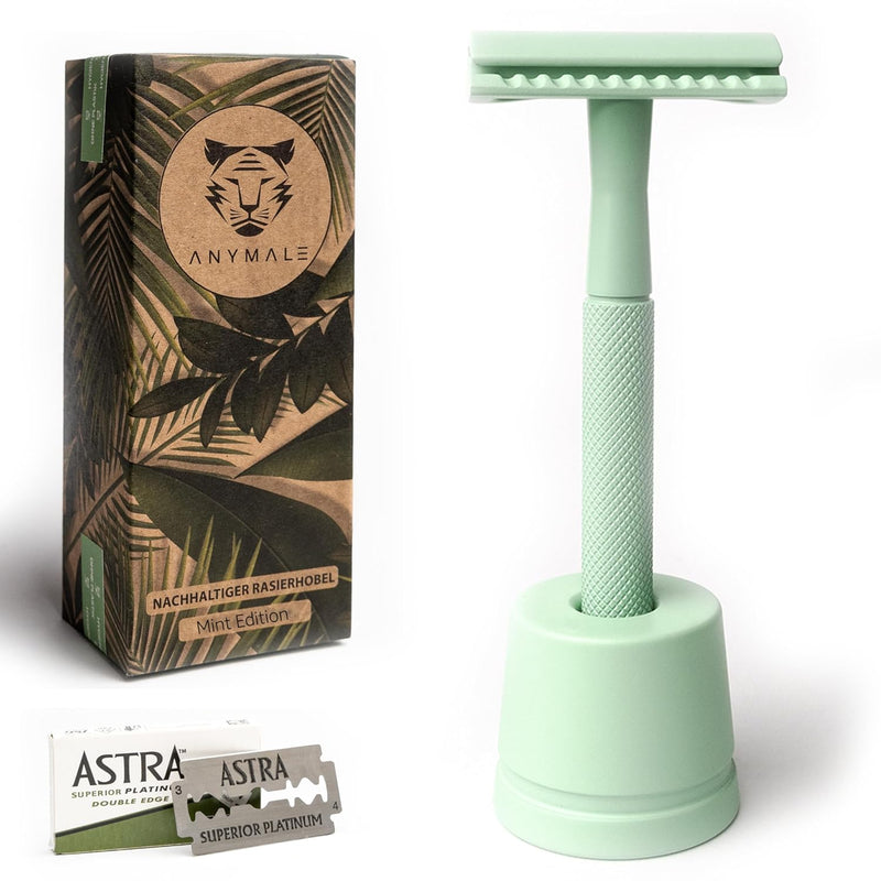 ANYMALE® Plastikfreier Rasierhobel Mint Edition - Set mit Ständer und 5 ASTRA Klingen - Nassrasierer