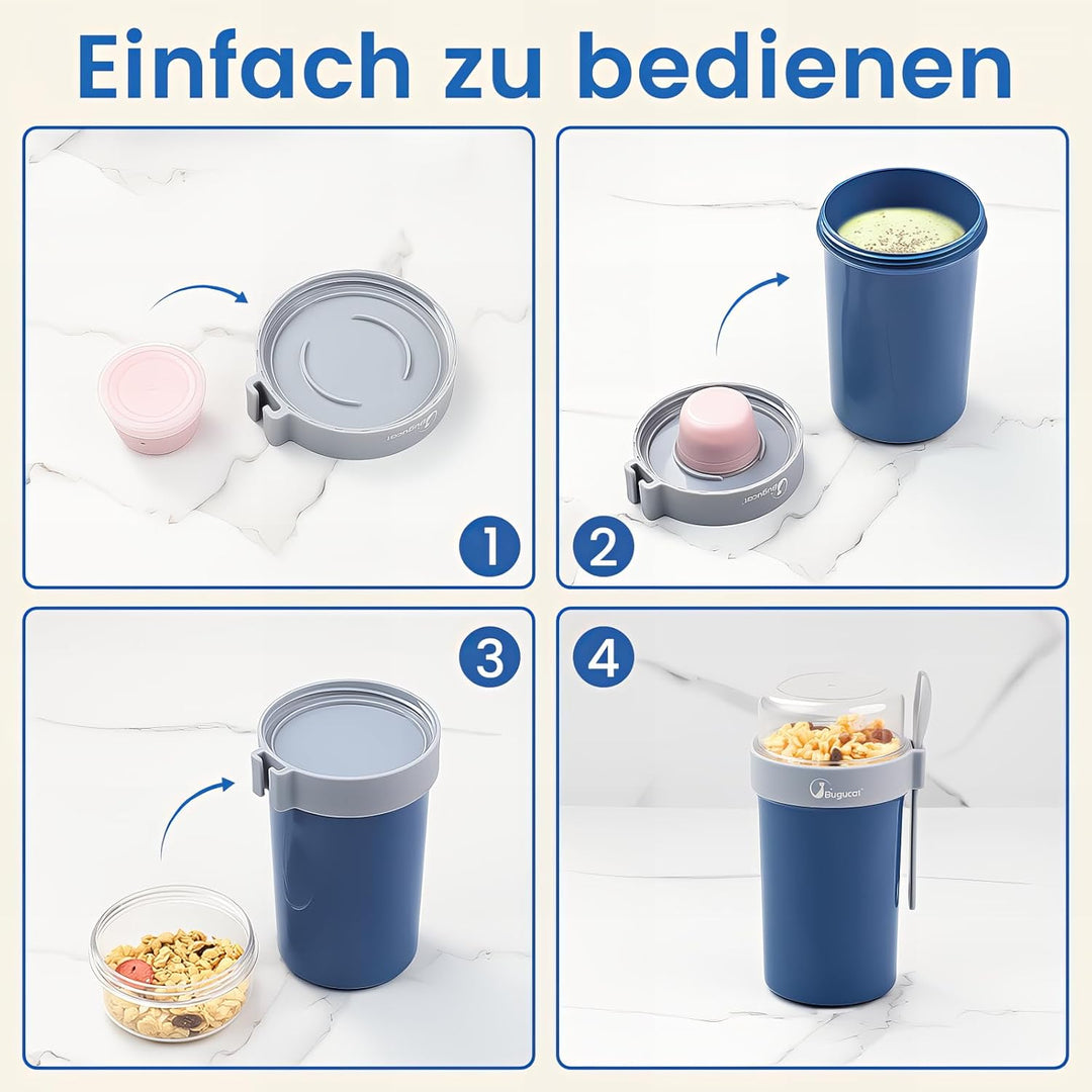 Bugucat Müslibecher to Go 2er Set, Joghurtbecher to Go 760ml+230ml mit Dressing Behälter Müsli to go