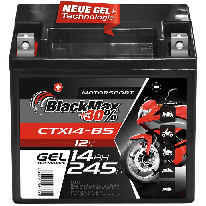 BlackMax YTX14-BS Motorradbatterie GEL 12V 14Ah CTX14-BS 51214 Batterie YTX14-4 14Ah - 220A - YTX14-