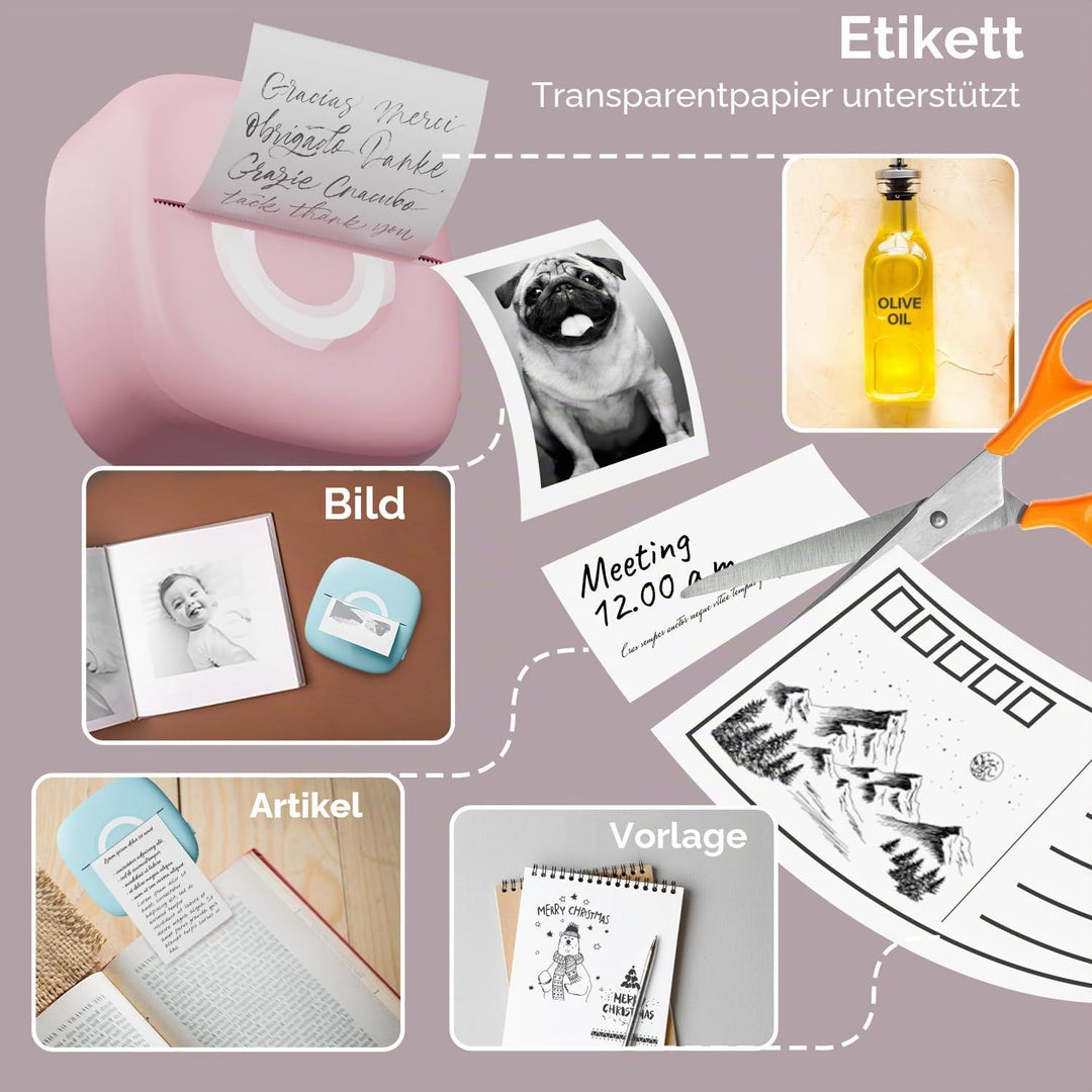 cabaro Mini Drucker Aufkleber Drucker Fotodrucker mit 3 Rollen Bluetooth Thermodrucker für Lernen, S