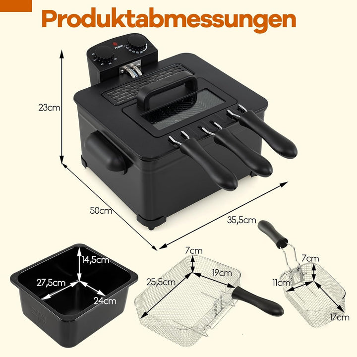COSTWAY Fritteuse 3L, 2000 W Friteuse mit Öl, Fettfriteuse mit einstellbarem Thermostat 150-190℃ & T