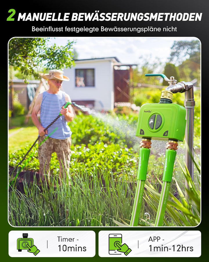 RAINPOINT Bewässerungscomputer WLAN 2 Ausgänge mit Antennen-Gateway, Messing-Einlass und -Auslass, S