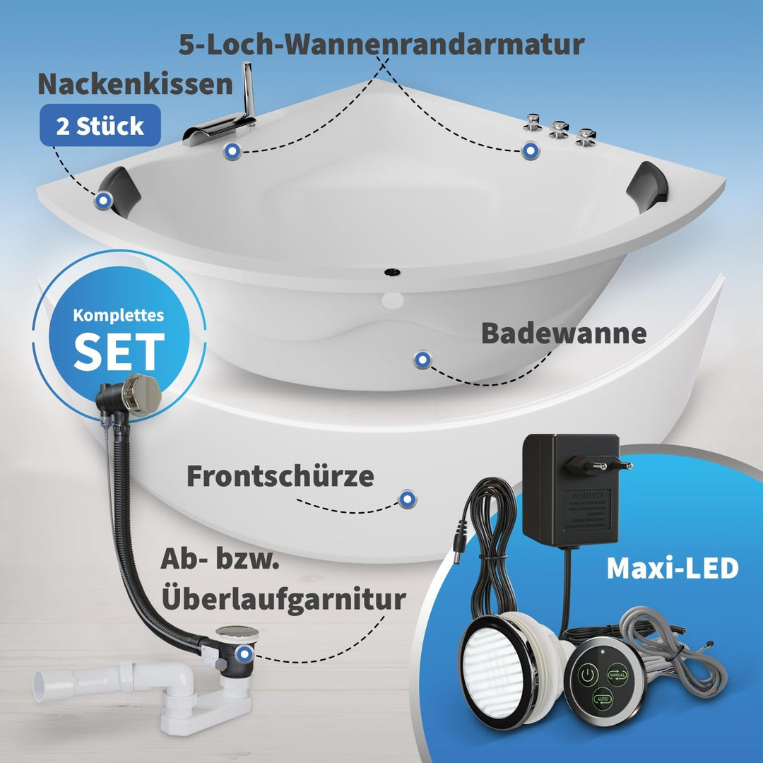 Aquade Acryl Eckbadewanne 140x140 Modell: Koblenz - Weiss Badewanne Komplettset 140x140 - Badewannen