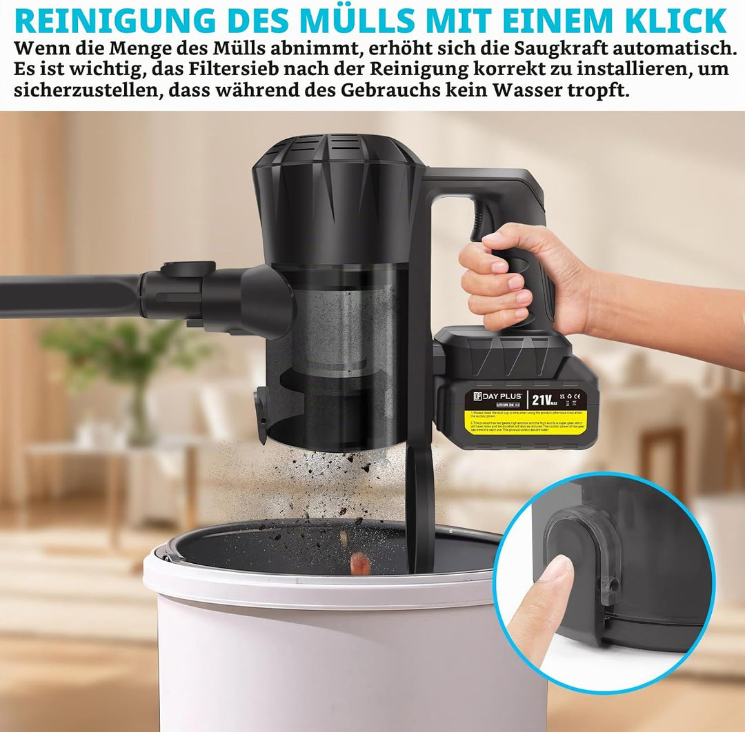 DayPlus 500W Akkustaubsauger mit 2 x 3.0Ah Batterie, 15000Pa Leistungsfähige Saug, 65Min Laufzeit, L