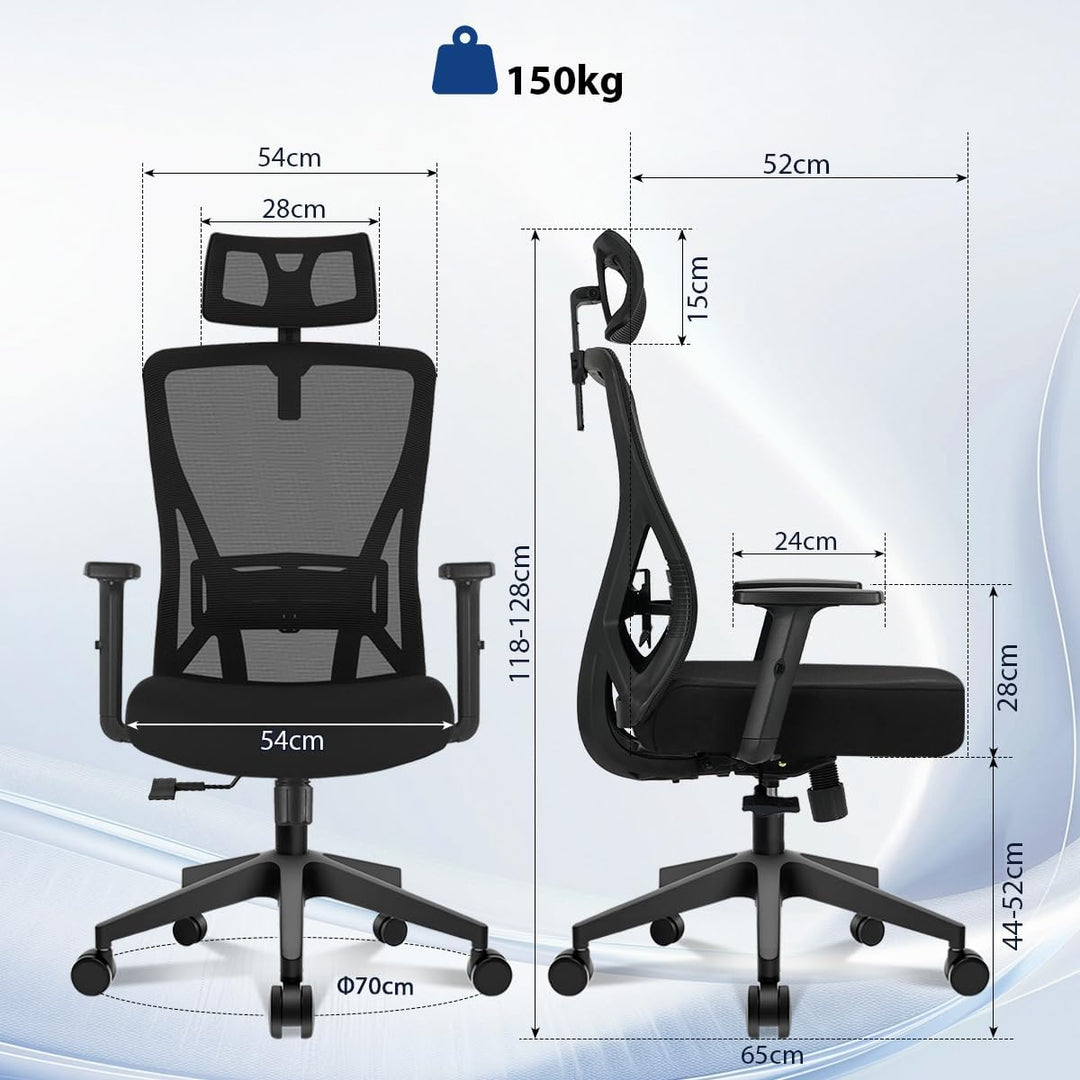 Durrafy Bürostuhl Ergonomisch, Bürostuhl, Schreibtischstuhl mit Verstellbarer Kopfstütze, Armlehnen,