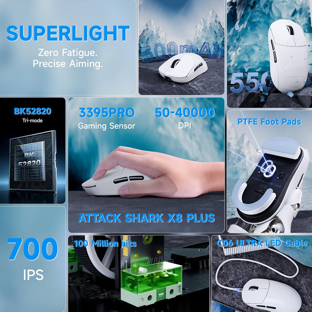 ATTACK SHARK X8 Serie Kabellose Gaming-Maus, 55–65 g Superleicht, PixArt PAW3395/3950 Sensor, BT/2.4