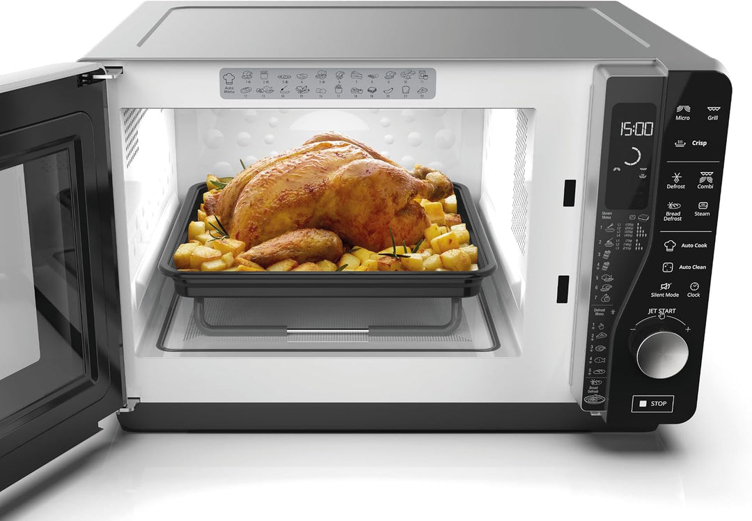Whirlpool MWF 427 SL Mikrowelle Extra Space + Grill, 25 Liter, silber, mit Steamer, hoher und flache