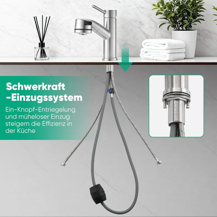 Waschbeckenarmatur mit ausziehbarer Brause Edelstahl-Wasserhahn bad mit Warm- und Kaltwassermischer