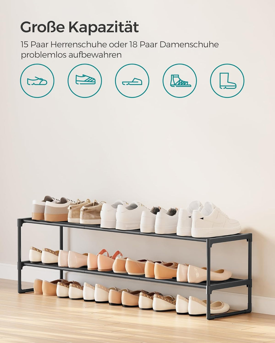 SONGMICS Schuhregal 2 Ebenen, Schuhständer Metall, Schuhaufbewahrung, Schuh-Organizer, aufrecht oder