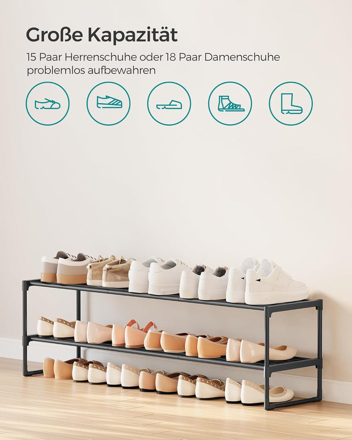 SONGMICS Schuhregal 2 Ebenen, Schuhständer Metall, Schuhaufbewahrung, Schuh-Organizer, aufrecht oder