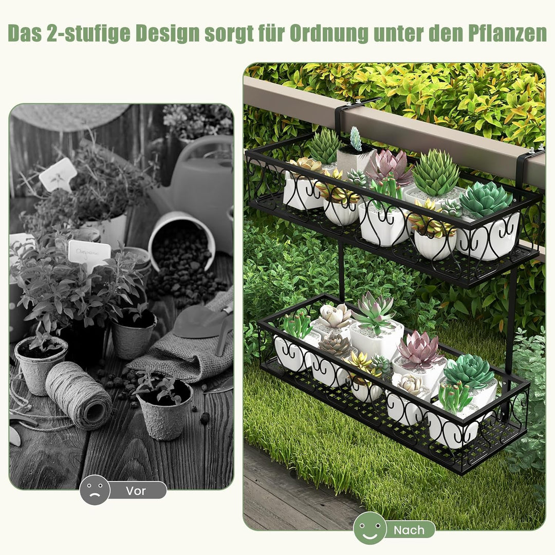 GOPLUS 2-stöckiges hängendes Blumenregal, Balkongeländerkorb Metall mit verstellbaren Haken, Blument