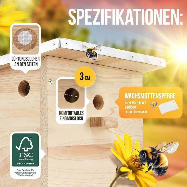BEESI Hummelhaus gross inkl. Wachsmottensperre &amp; Nistmaterial I Kapok, Nistkarton, Holzspäne I Humme