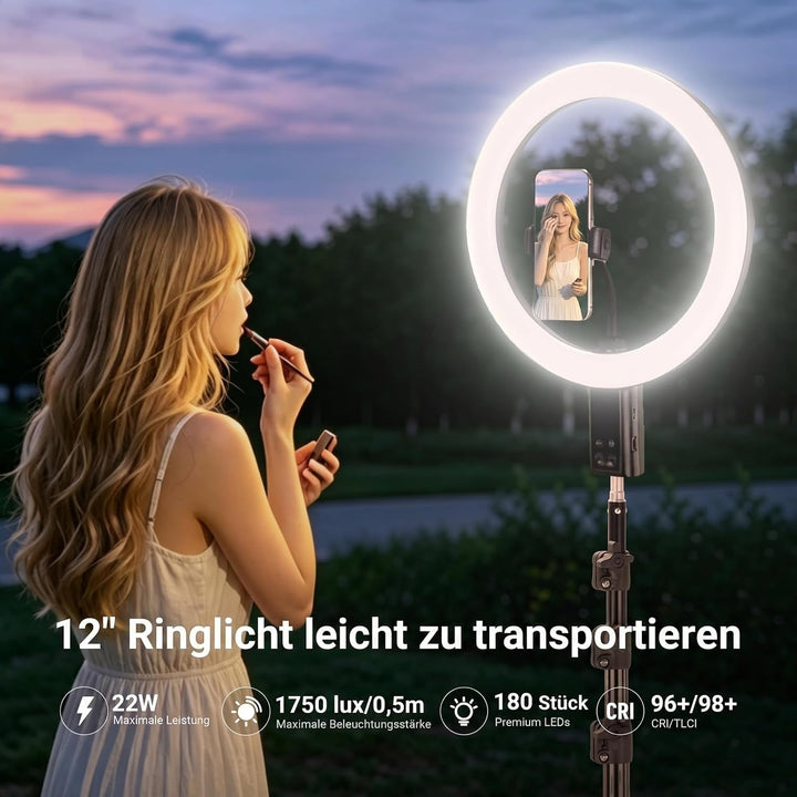 NEEWER 12" Selfie Ringlicht mit App Steuerung/Fernbedienung/Stativ, 3200mAh, zweifarbige LED, CRI 95