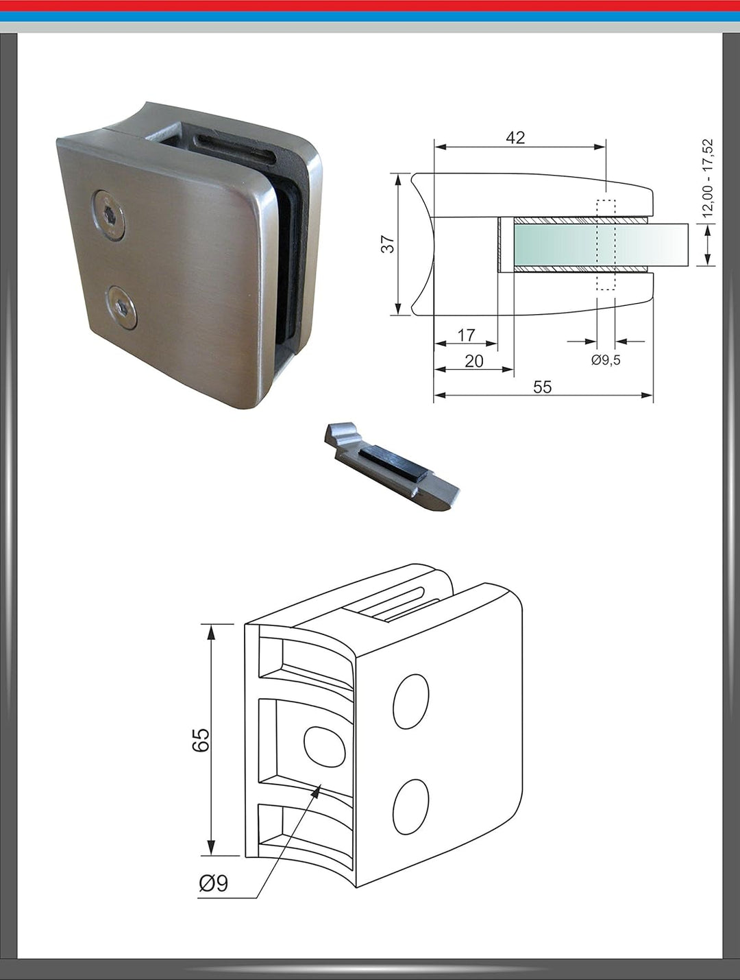 PMC Edelstahl V2A Glashalter Klemmhalter Glasklemme Geländer Sicherungsplatte (Rundrohr Ø42,4, 17,52