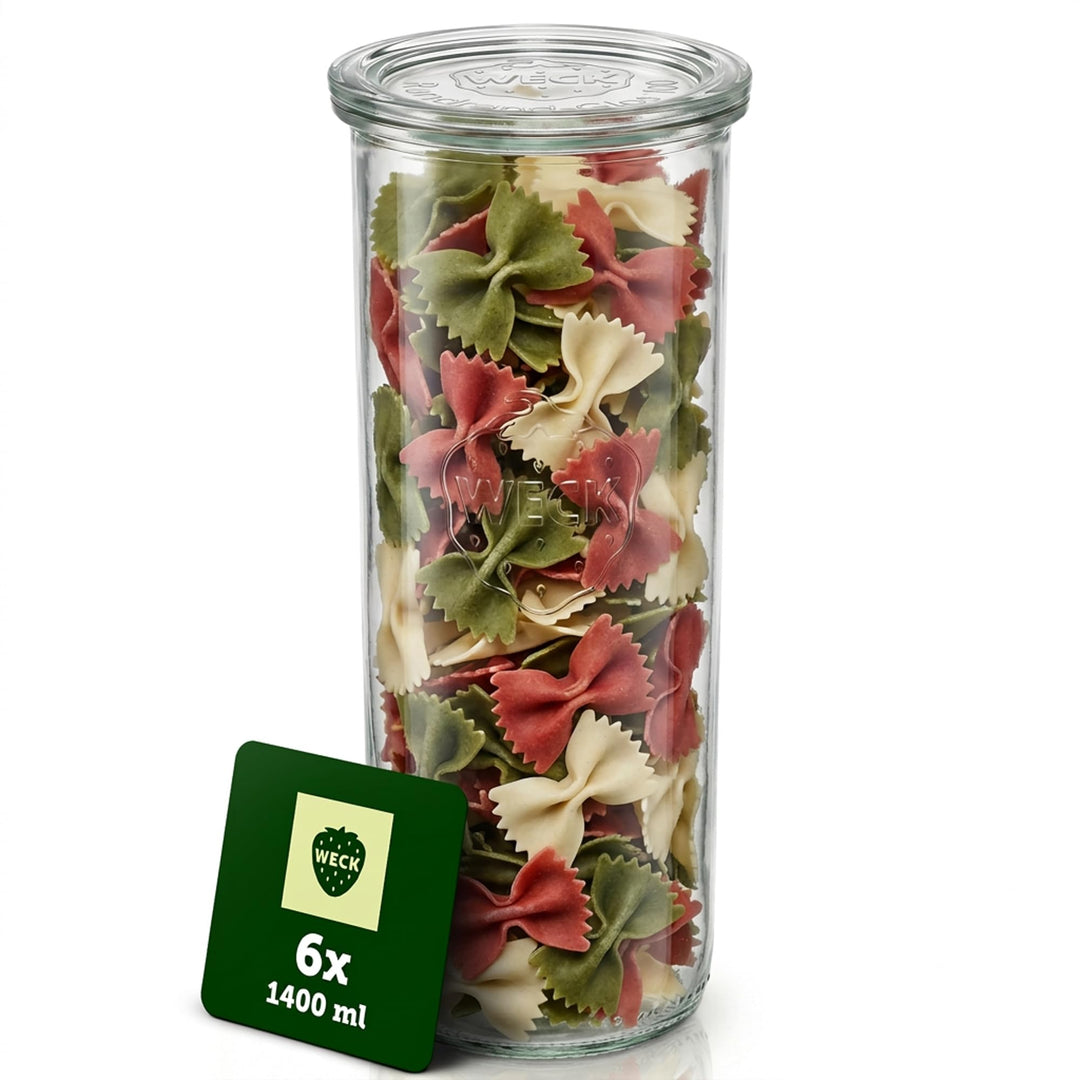 Weck Gläser 1400ml – 6er Set mit Deckeln – Sturzform – robuste, stapelbare Vorratsgläser- & Einweckg