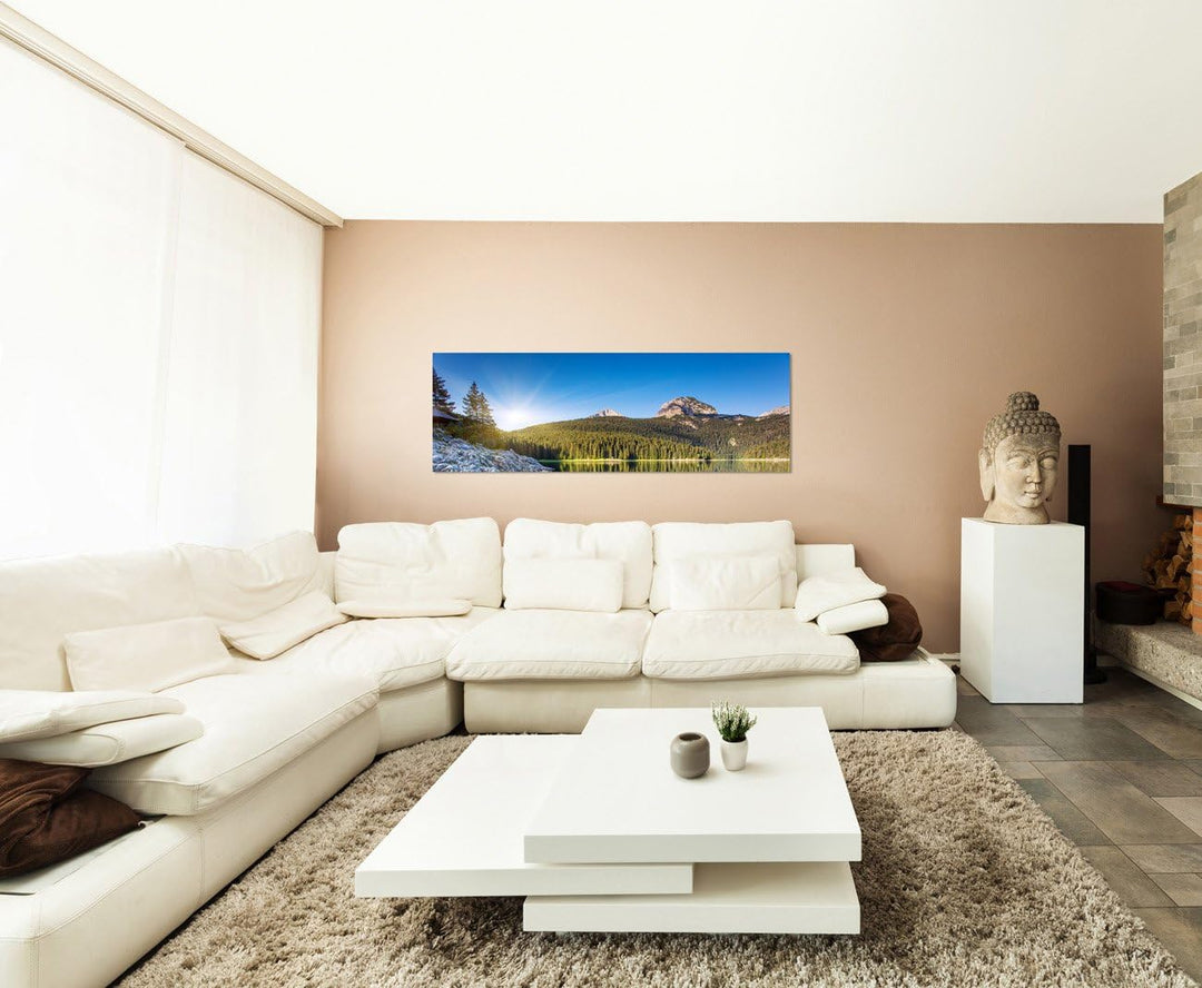 Paul Sinus Art Panoramabild auf Leinwand und Keilrahmen 150x50cm Montenegro Nationalpark See Boote B