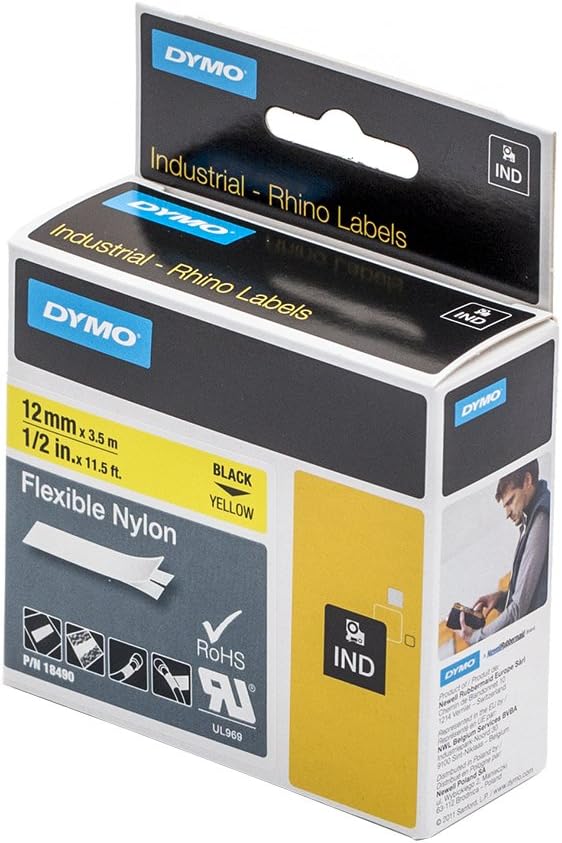 Dymo 18490 Rhino Industrieletiketten, flexibel, Nylon, 12 mm x 3,5 m, Schwarz auf Gelb, 5 Stück