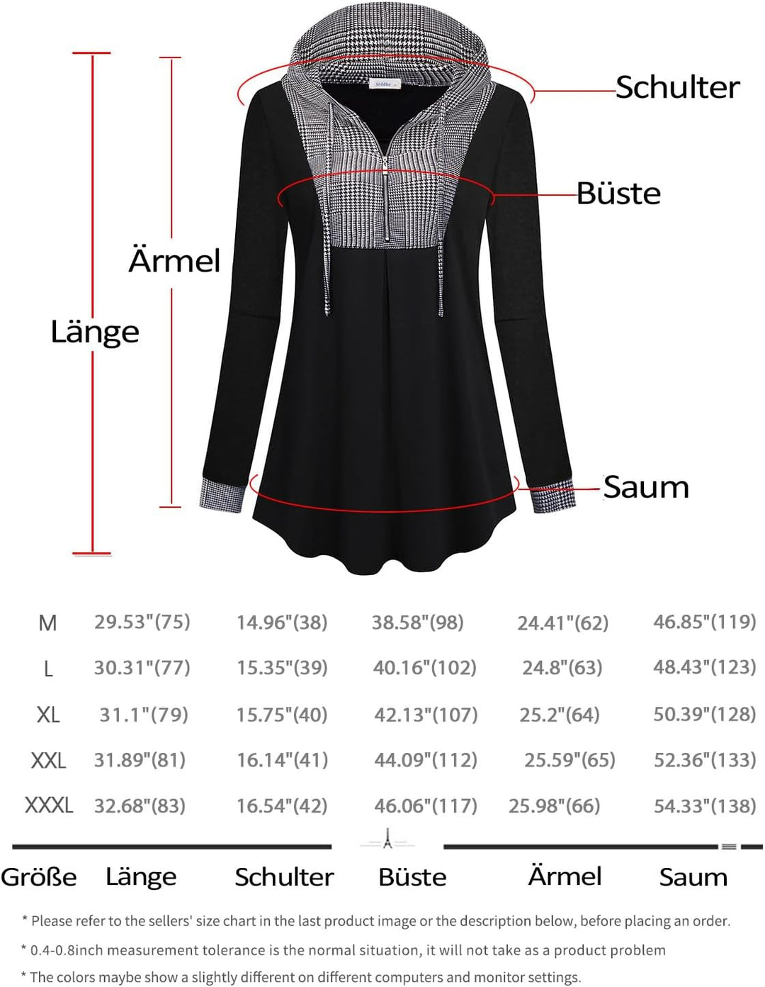 Siddhe Pullover Damen Hoodie 1/4 Zip Farbblock Sweatshirt Kapuzenpullover Tunika Langarm Oberteile 3