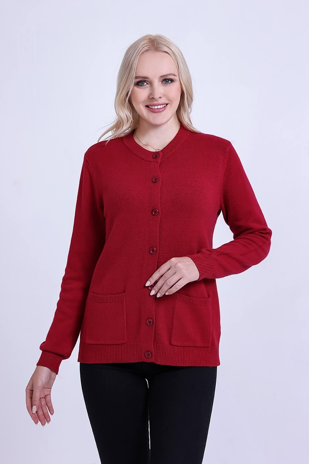 SMILING PINKER Damen Strickjacke Langarm Cardigan Warm Rundhals Strickweste Jacke mit Knopfleiste un