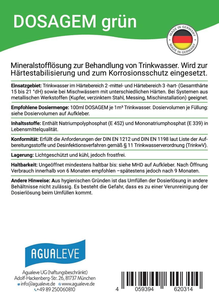 DOSAGEM grün Mineralstofflösung 20 Liter – Härtestabilisierung &amp; Korrosionsschutz – für Wasser im Hä