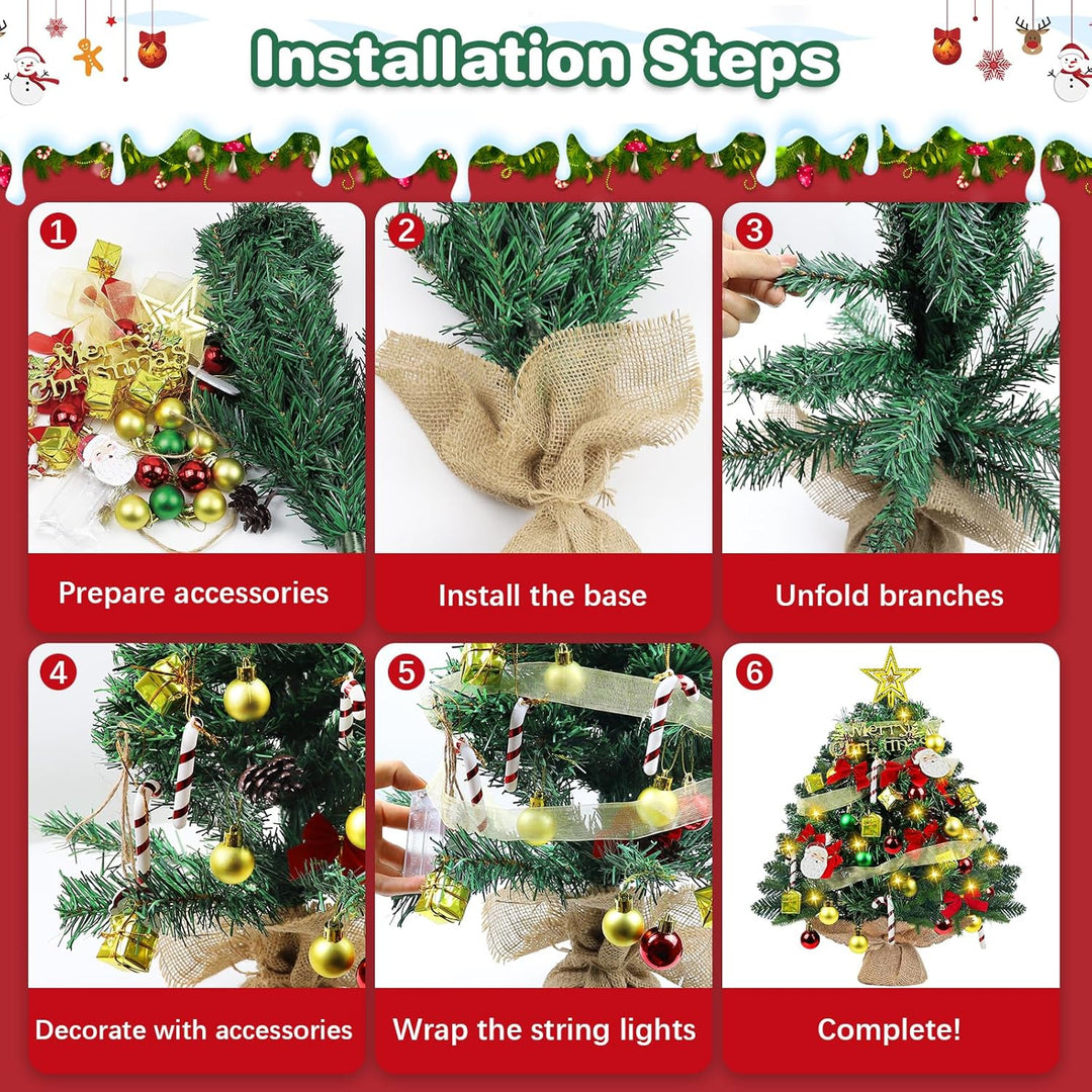 Mini Weihnachtsbaum mit Beleuchtung LED 60cm, Kleiner Tisch Weihnachtsbaum mit Kiefernzapfen Geschmü