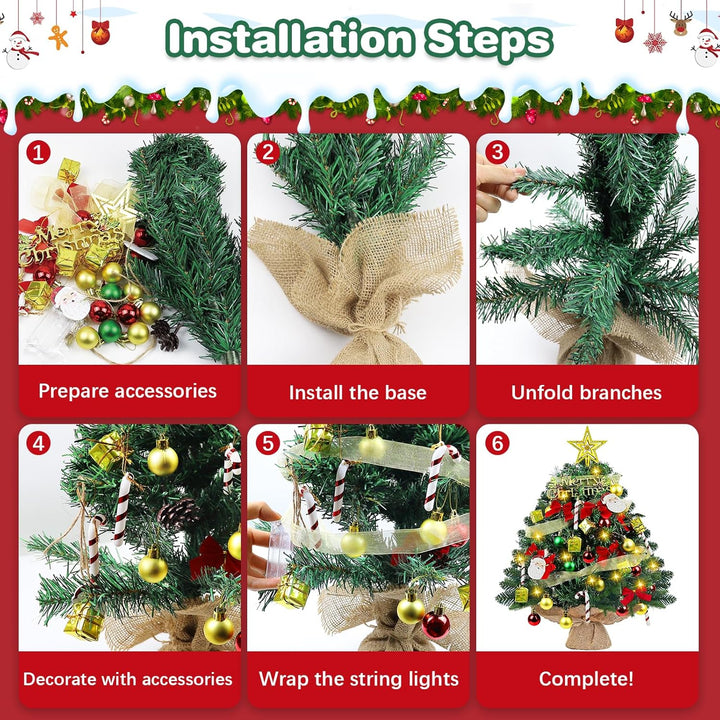 Mini Weihnachtsbaum mit Beleuchtung LED 60cm, Kleiner Tisch Weihnachtsbaum mit Kiefernzapfen Geschmü