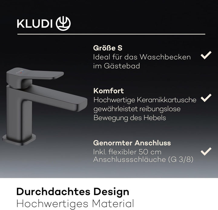 KLUDI-X3 Waschtischarmatur, Auslaufhöhe 85 mm, wassersparender Wasserhahn Bad Schwarz Matt Grösse S,
