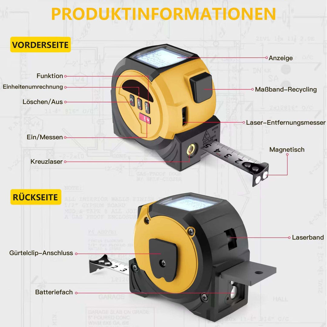 VOBOR 3-in-1 Laser Entfernungsmesser, 40m Digitales Massband mit Laser, Lasermessgerät mit LCD Hinte
