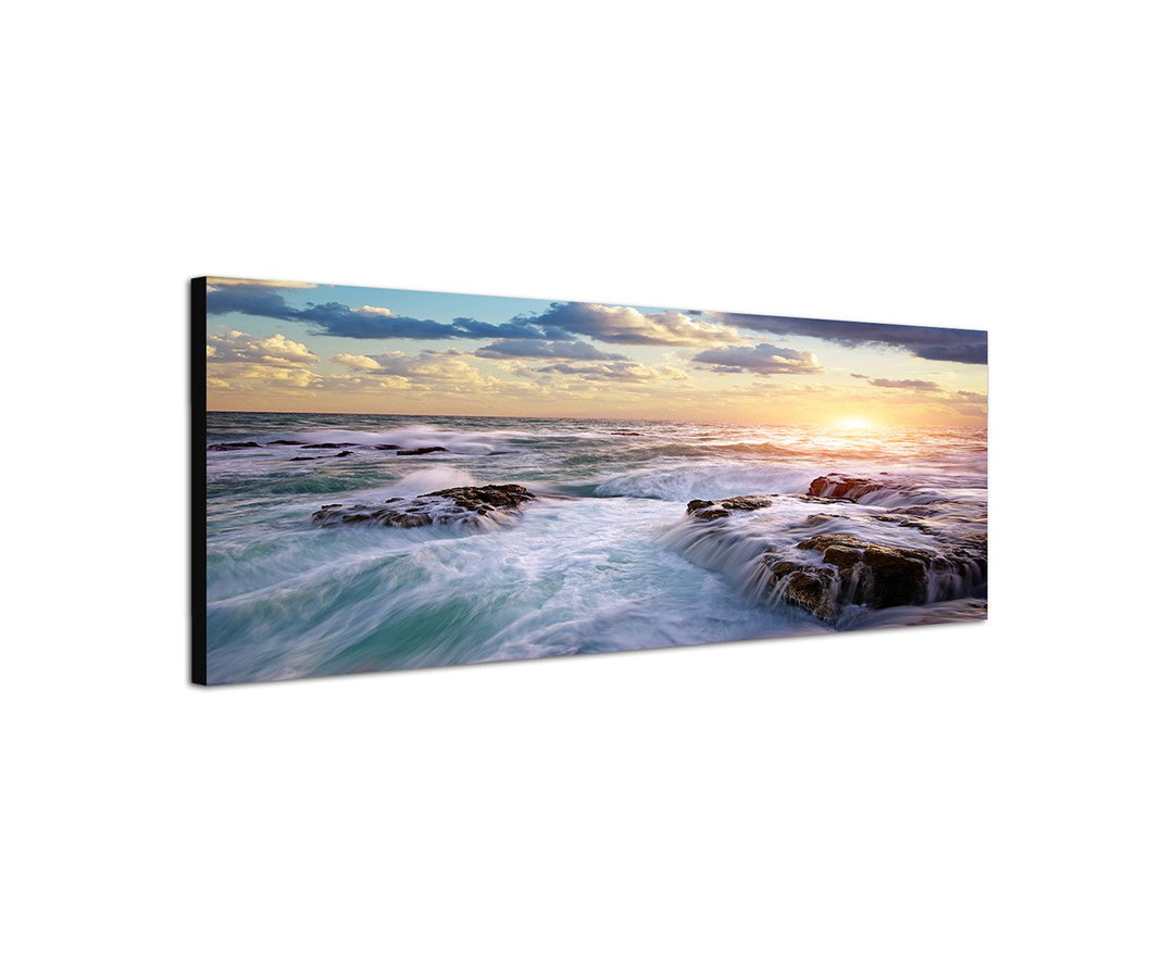 Augenblicke Wandbilder Leinwandbild als Panorama in 150x50cm Meer Felsen Wellen Sonnenstrahlen