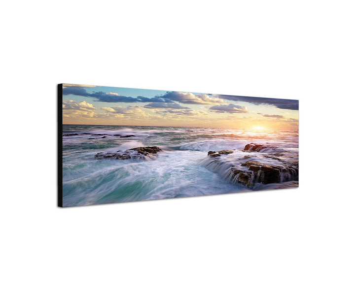Augenblicke Wandbilder Leinwandbild als Panorama in 150x50cm Meer Felsen Wellen Sonnenstrahlen