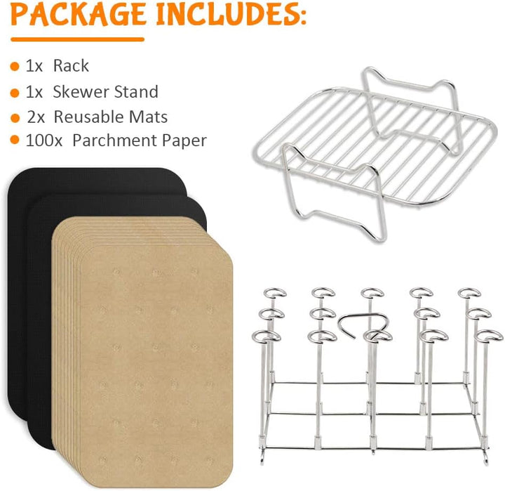 Edelstahl Grillrost & Spiessen Rack mit 100xBackpapier kompatibel mit Ninja Foodi AF300EU Heissluftf