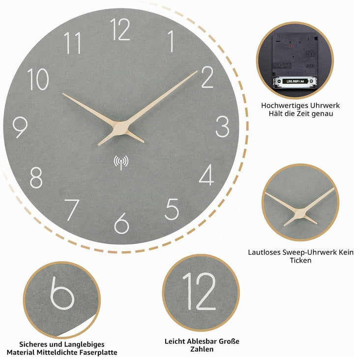 Wanduhr Funk MDF Holz Wanduhr Ohne Tickgeräusche Lautlos 25cm Quarz Batterie Gross Einfach zu Lesen