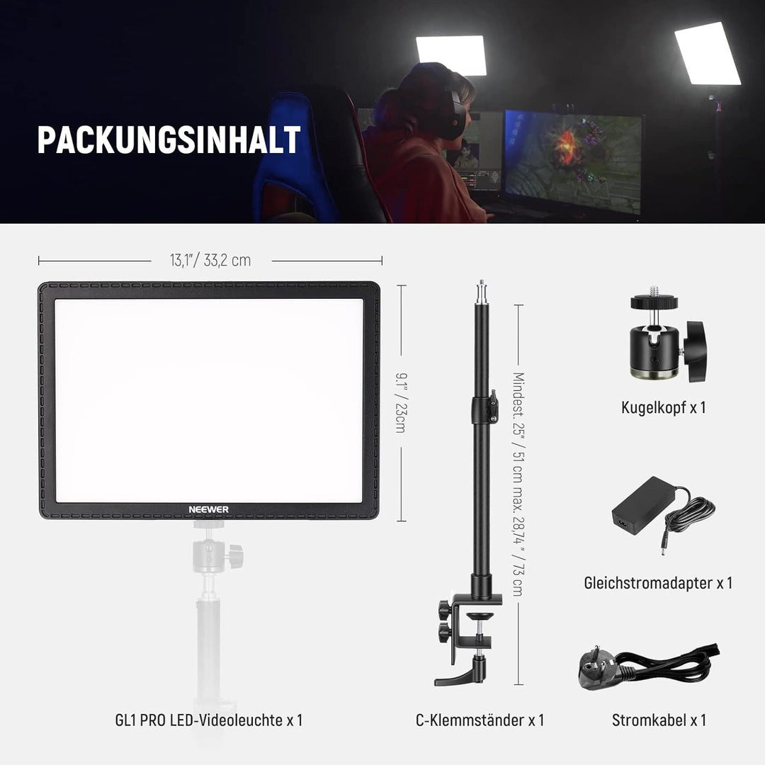 NEEWER GL1 PRO 15,5" Key Light Streaming Licht, Video Licht mit 2,4G, Mac, PC Steuerung und iOS Andr