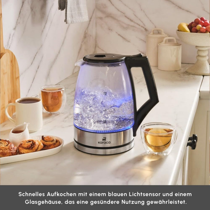 Karaca Glacia Kettle - Glas Wasserkocher Edelstahl - 2200W, 1,8 Liter, Elektrischer Wasserkocher Dur