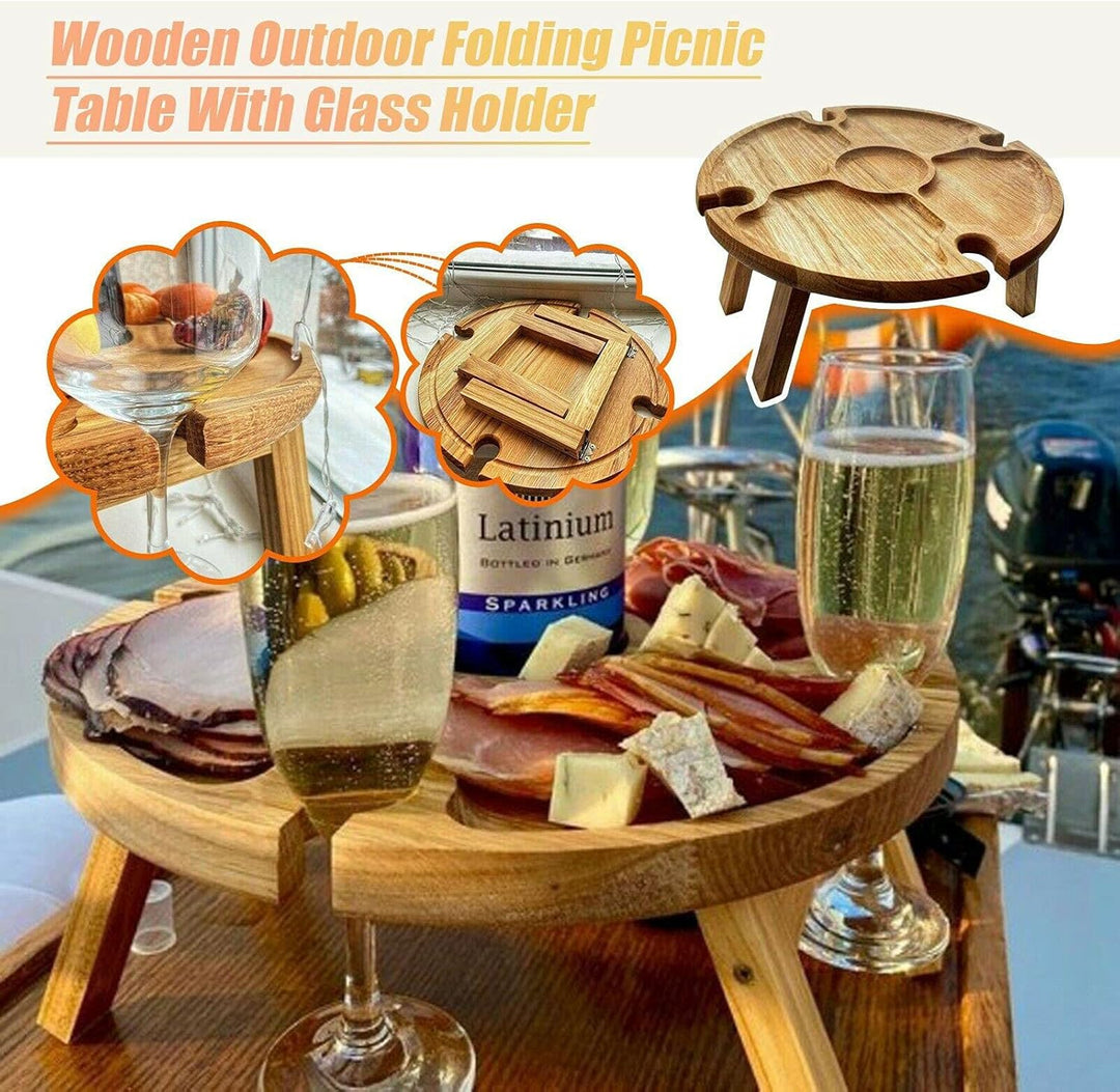 ZYLLZY Zusammenklappbarer Picknicktisch aus Holz für den Aussenbereich mit Rotweinglashalter, tragba