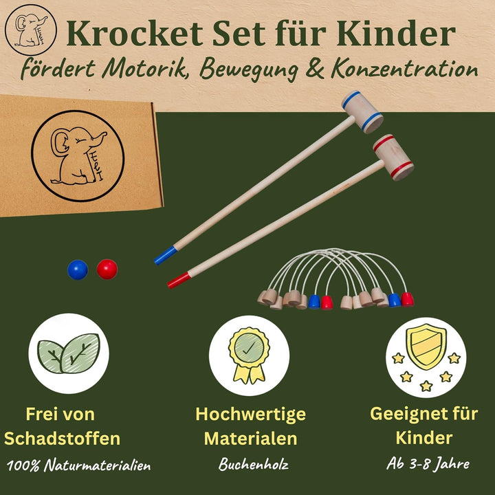 Eli® Krocket Spiel für Kinder inkl Schläger - Ziele und Bälle aus Holz - Crocket Set für Indoor und