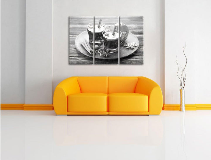 Pixxprint Aromatischer Glühwein mit Zimt Kohle Zeichnung Effekt 3-Teiler Leinwandbild 120x80 Bild au
