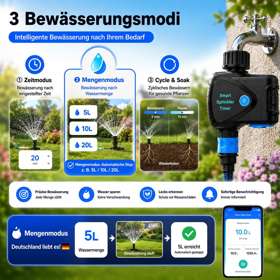 WLAN Bewässerungscomputer mit App Steuerung, WiFi Bewässerungstimer mit Wasserzähler, ohne Hub, Meng